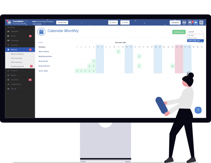absence calendar in transmas showing both office staff and drivers