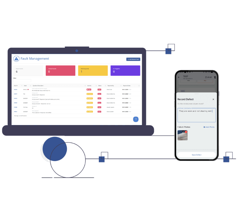 A connected view showing a vehicle defect being recorded in the TransMaS driver app and instantly appearing on the office faults dashboard.