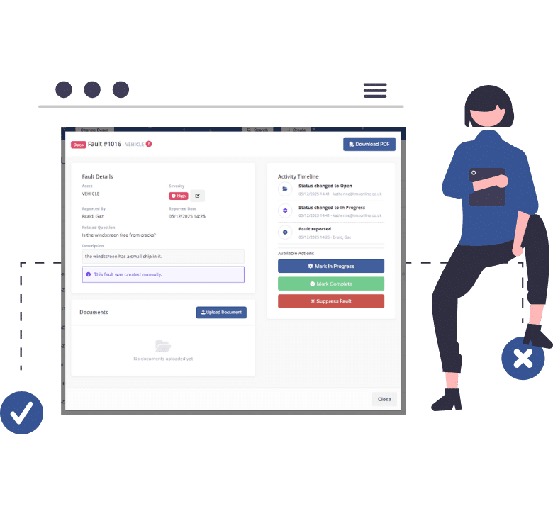 Detailed view of a reported vehicle fault in TransMaS, illustrating the decision-making process for approving or resolving fleet maintenance issues.