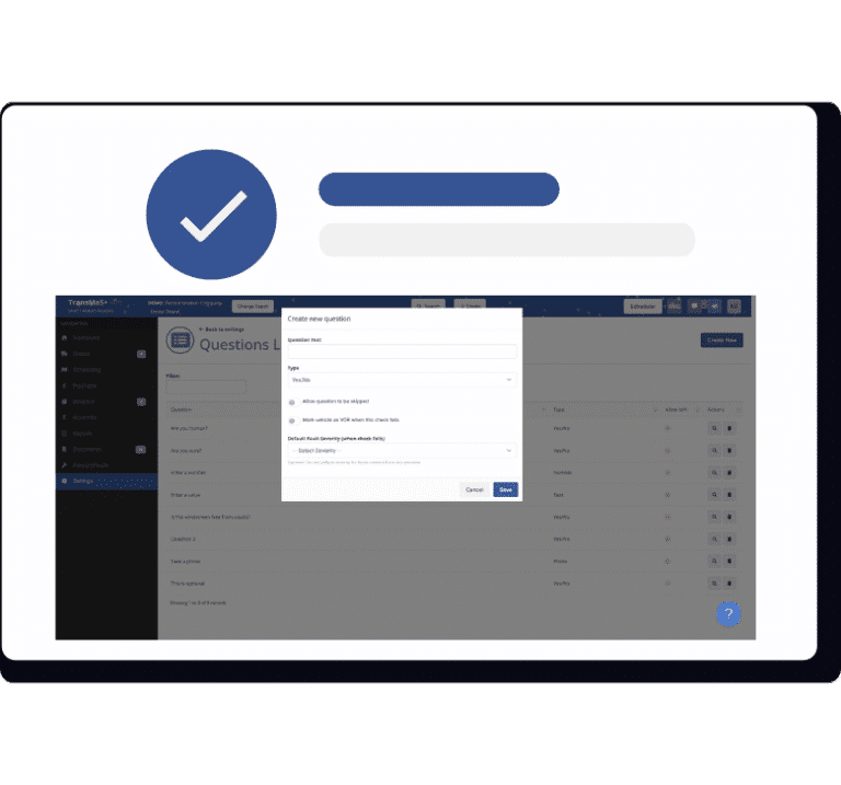 Illustration of the TransMaS back-office interface showing how to add and customise digital walkaround check questions.