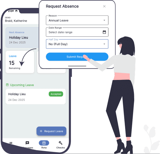 graphic of the rota tab of the transmas app, with an absence request