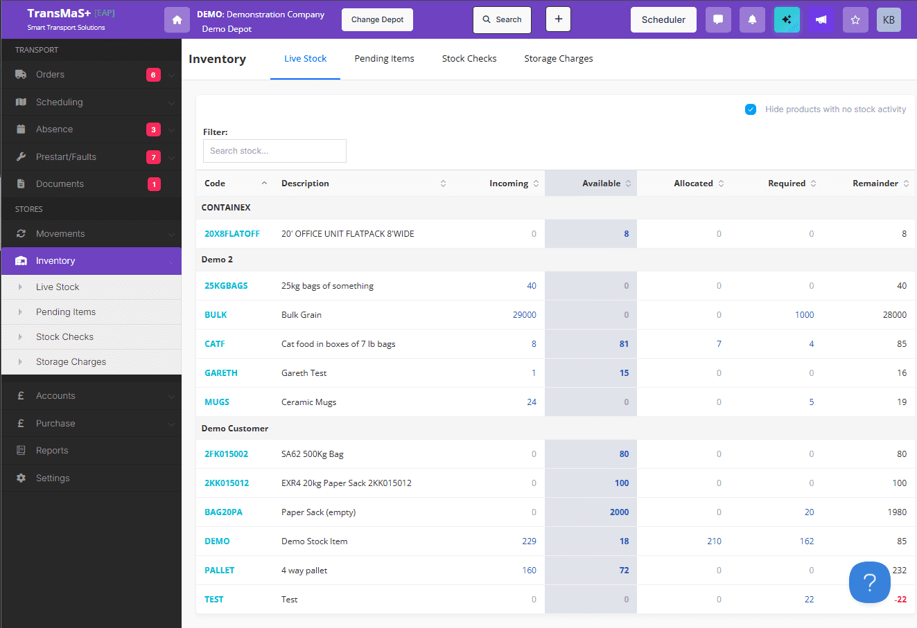 the Live Stock screen in TransMaS Stores